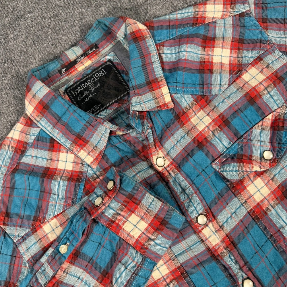 Heritage 1981 Mens Blue Red Plaid Western Snap Button Down Shirt Medium #4242